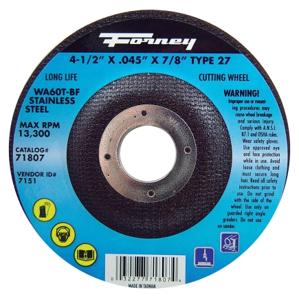 Forney 4-1/2in x 0.045 7/8in Stainless Steel Cut-Off Wheel (71807)