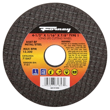 Forney 4-1/2in x 1/16in x 7/8in 13300 RPM Metal Steel Cut-Off Wheel (71847)